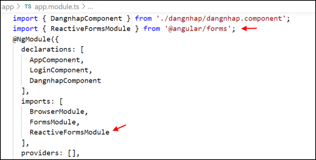 import ReactiveFormsModule trong angular
